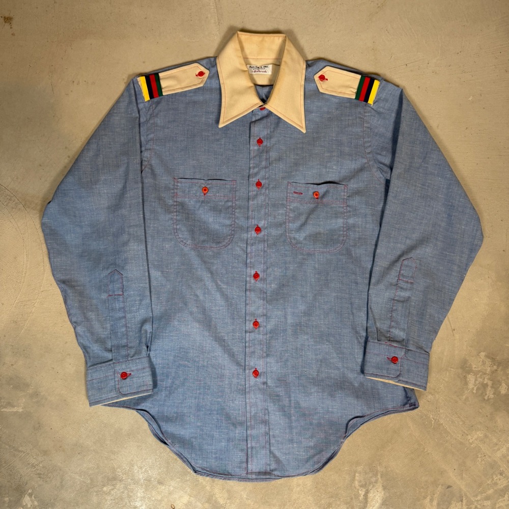 Vintage Allans Inc Holbrook Blue Chambray Shirt Red Stitching Epaulets Mens L